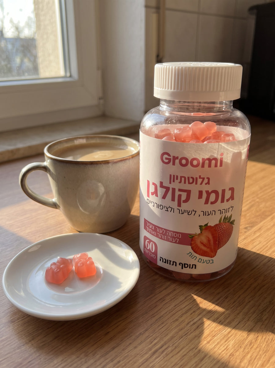 בקבוק גומי קולגן של Groomi ליד כוס קפה בבוקר