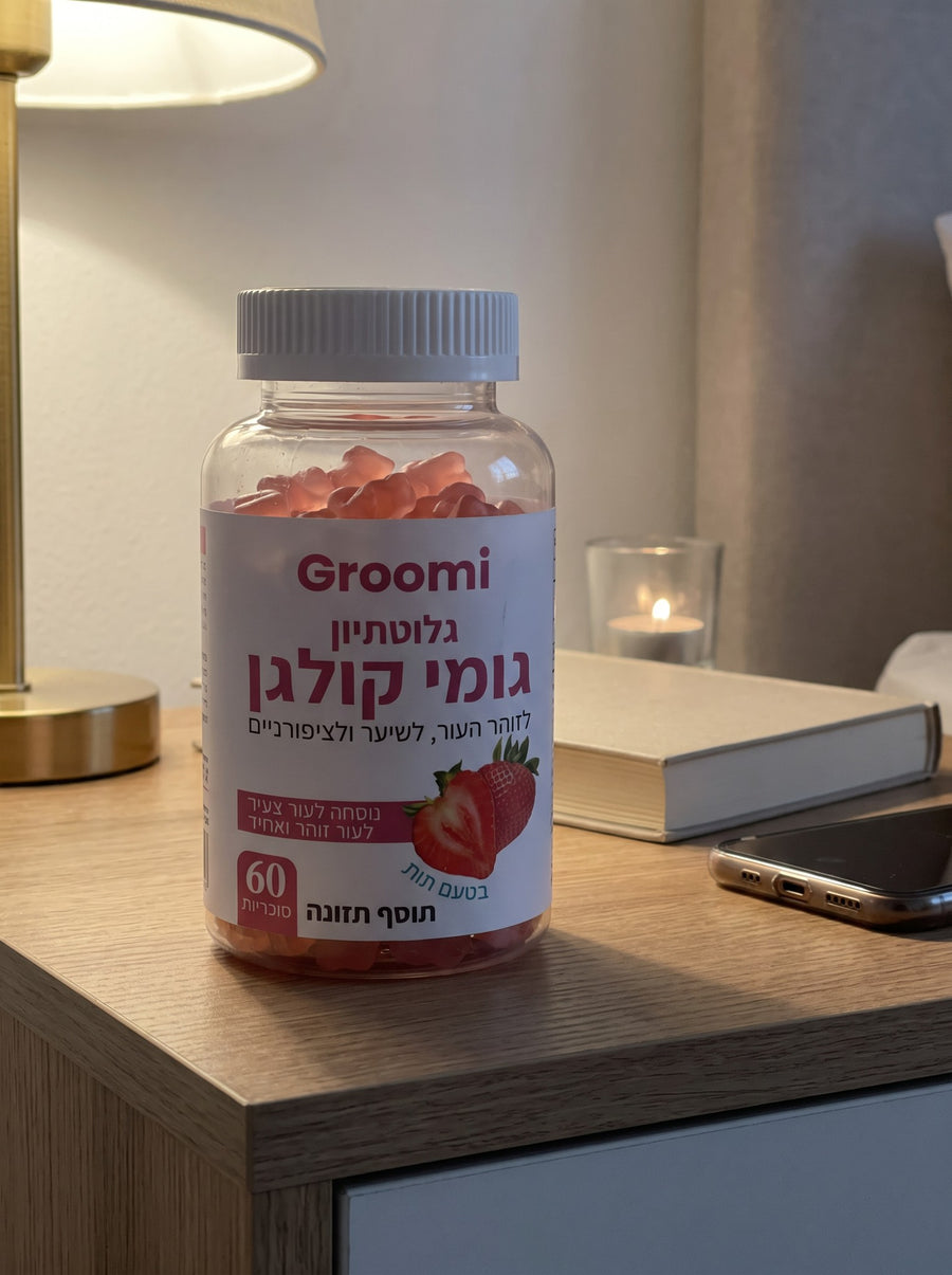 בקבוק גומי קולגן של Groomi על השידה ליד המיטה