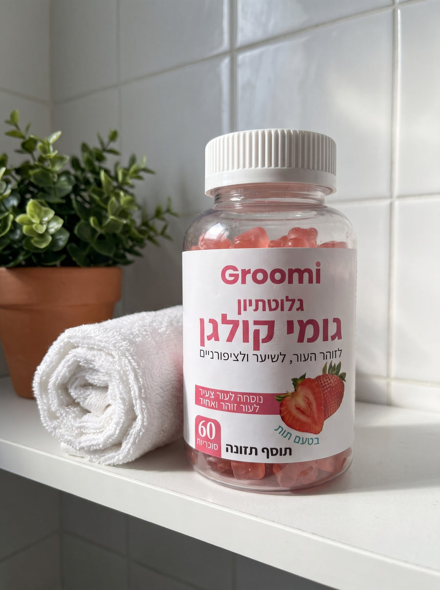 בקבוק גומי קולגן של Groomi על מדף בחדר האמבטיה