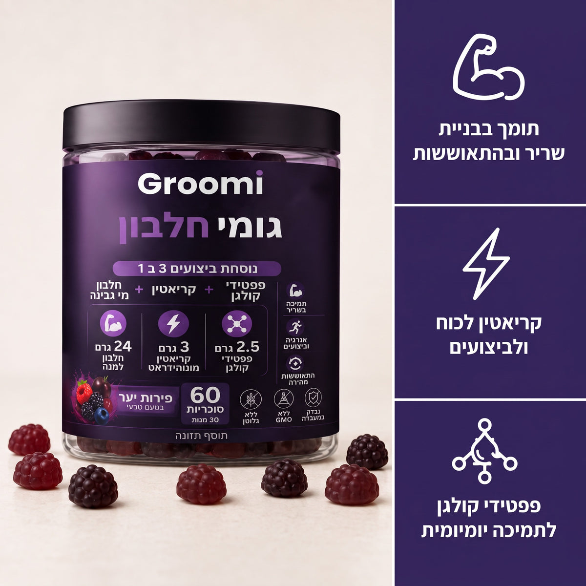 גומי חלבון של Groomi: צנצנת ושלוש תועלות