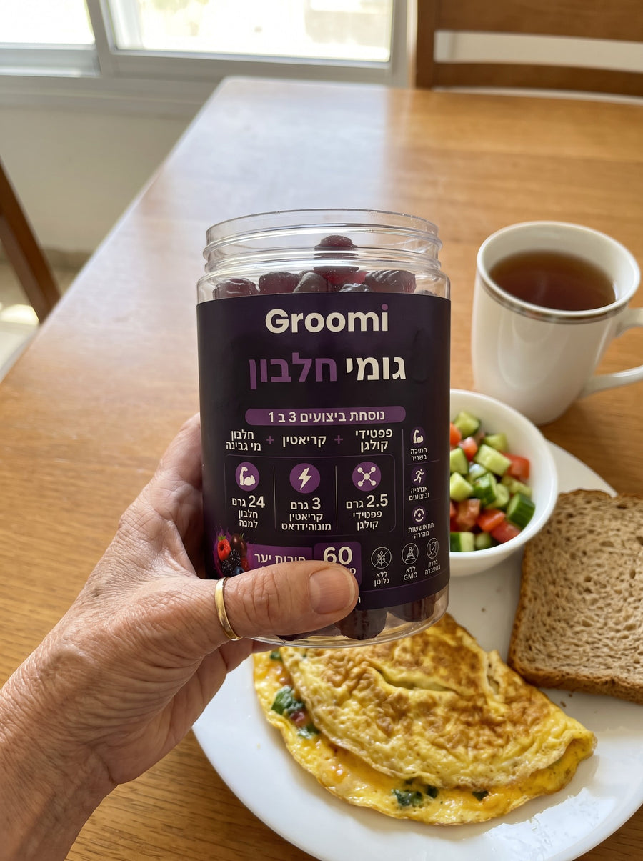 יד מחזיקה צנצנת גומי חלבון של Groomi ליד ארוחת בוקר